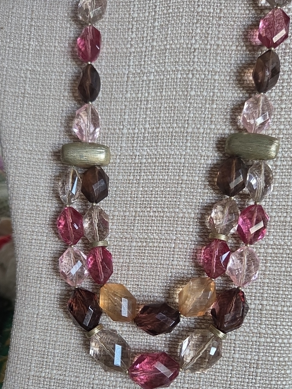 Signed Vintage Jones of NY Pink and Brown Faceted Bead Necklace -